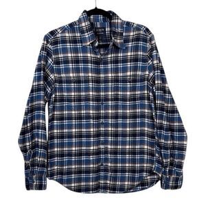 J. Crew Men's Flannel Shirt Blue White Orange Plaid Soft Size Medium